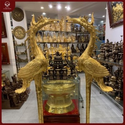 Hạc thờ cỡ lớn bằng đồng thếp vàng 9999