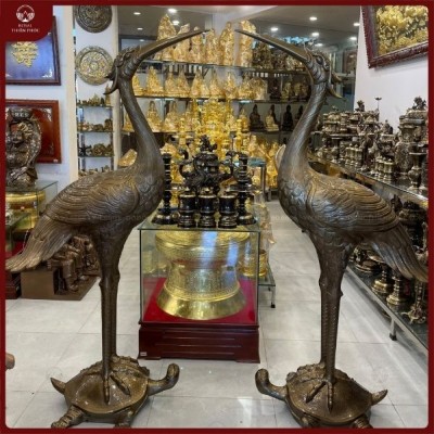 Hạc thờ cỡ lớn đồng đỏ cao 1m9 làm màu giả cổ