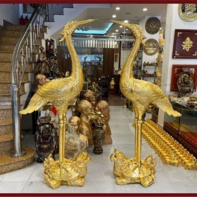 Hạc thờ đồng đỏ thếp vàng 9999 cỡ lớn 2m02