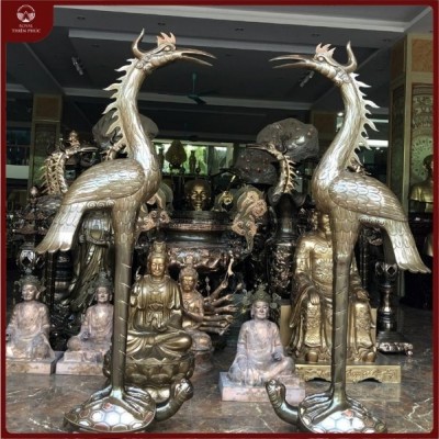  Đôi hạc thờ đồng đỏ khảm tam khí 1m7