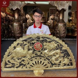 Quạt thờ long phượng đồng vàng sơn đen 1m2