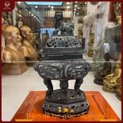 Lư đốt trầm đồng vàng giả cổ nắp nghê đế lục giác cao 30cm