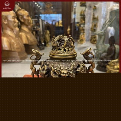 Lư đốt trầm cửu Cửu Long đồng vàng cao 15cm