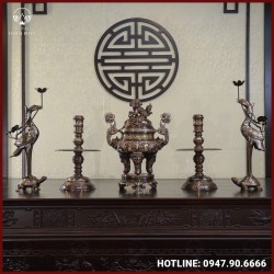 Bộ ngũ sự đồng đỏ khảm ngũ sắc chạm sòi cao 50cm
