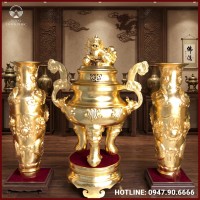 Đỉnh mao rồng bằng đồng chạm hoa sòi thếp vàng 1m4