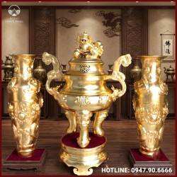 Đỉnh mao rồng bằng đồng chạm hoa sòi thếp vàng 1m4