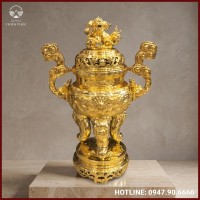 Đỉnh đồng song long chầu nguyệt bằng đồng mạ vàng 24k