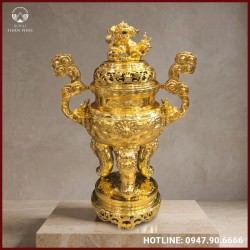 Đỉnh đồng song long chầu nguyệt bằng đồng mạ vàng 24k