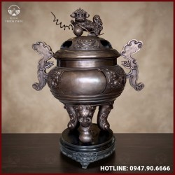 Lư hương hóa vàng bằng đồng đỏ làm màu đen cổ kính cao 90cm