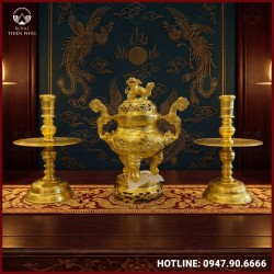 Bộ tam sự nến chạm song long dát vàng 9999
