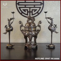Bộ tam sự hạc chạm sòi đồng đỏ khảm tam khí kỹ cao 60cm