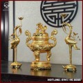 Bộ tam sự hạc song long chầu nguyệt đồng đỏ dát vàng cao 60cm