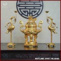 Bộ tam sự hạc song long chầu nguyệt đồng đỏ dát vàng cao 60cm