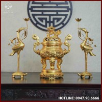 Bộ tam sự hạc song long chầu nguyệt đồng đỏ dát vàng cao 60cm