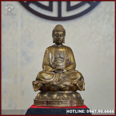Tượng Phật A Di Đà đồng vàng làm màu giả cổ cao 30cm