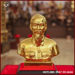 Tượng Bác Hồ bán thân đồng đỏ dát vàng cao 25cm