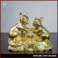 Tượng chuột đôi đồng đỏ dát vàng cao 39cm ngang 47cm nặng 24kg