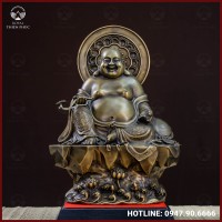 Tượng Phật Di Lạc ngồi  bệ đá đồng vàng hun cao 40cm ngang 28cm
