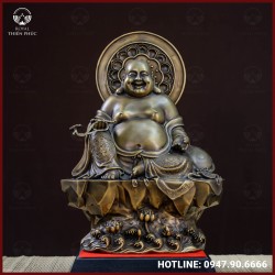 Tượng Phật Di Lạc ngồi  bệ đá đồng vàng hun cao 40cm ngang 28cm