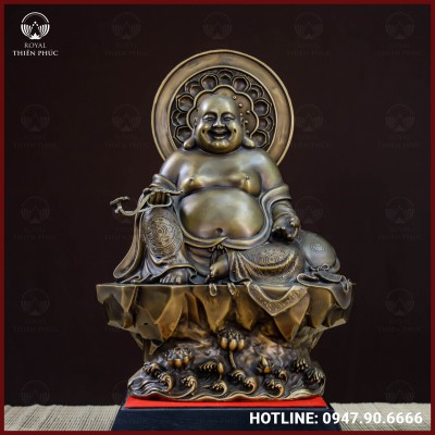 Tượng Phật Di Lạc ngồi  bệ đá đồng vàng hun cao 40cm ngang 28cm