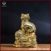 Tượng mèo đồng vàng mạ vàng kích thước 17x13cm nặng 1kg