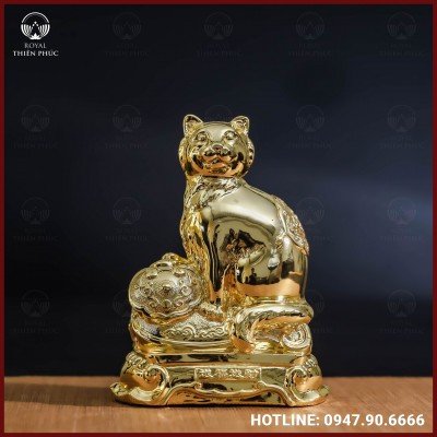 Tượng mèo đồng vàng mạ vàng kích thước 17x13cm nặng 1kg