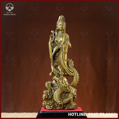 Tượng Quán Âm Bồ Tát cưỡi rồng đồng vàng cao 30cm ngang 11cm