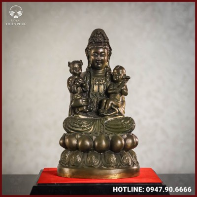 Tượng Quan Âm Tống Tử đồng vàng giả cổ cao 27,5cm ngang 15,5cm