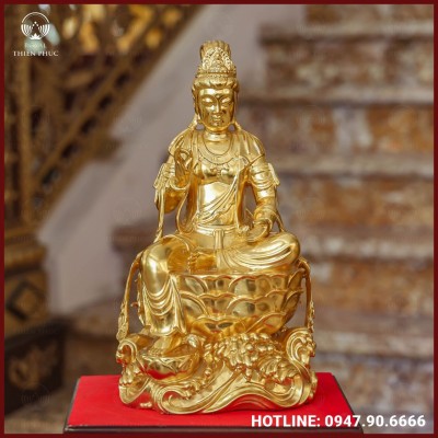 Tượng Quan Âm tự tại đồng đỏ dát vàng cao 38cm