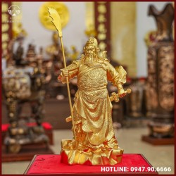 Tượng Quan Vân Trường cầm đao đồng đỏ dát vàng cao 43cm