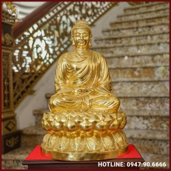 Tượng Phật Thích Ca đồng đỏ dát vàng cao 40cm