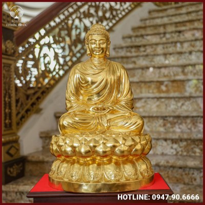 Tượng Phật Thích Ca đồng đỏ dát vàng cao 40cm
