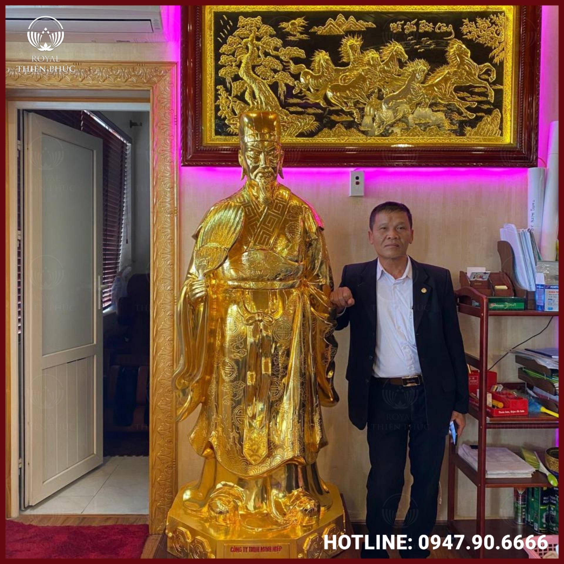 Tượng Khổng Minh bằng đồng thếp vàng 9999 cao 1m7