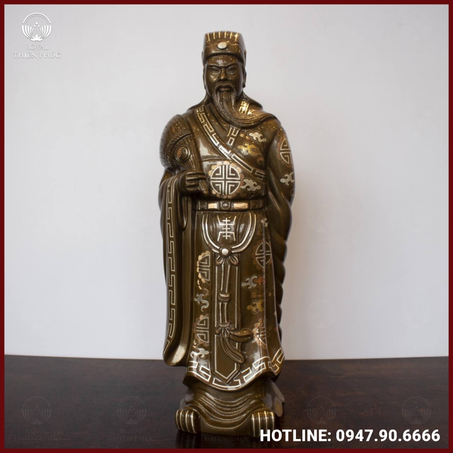 Tượng Gia Cát Lượng bằng đồng đỏ khảm tam khí cao cấp