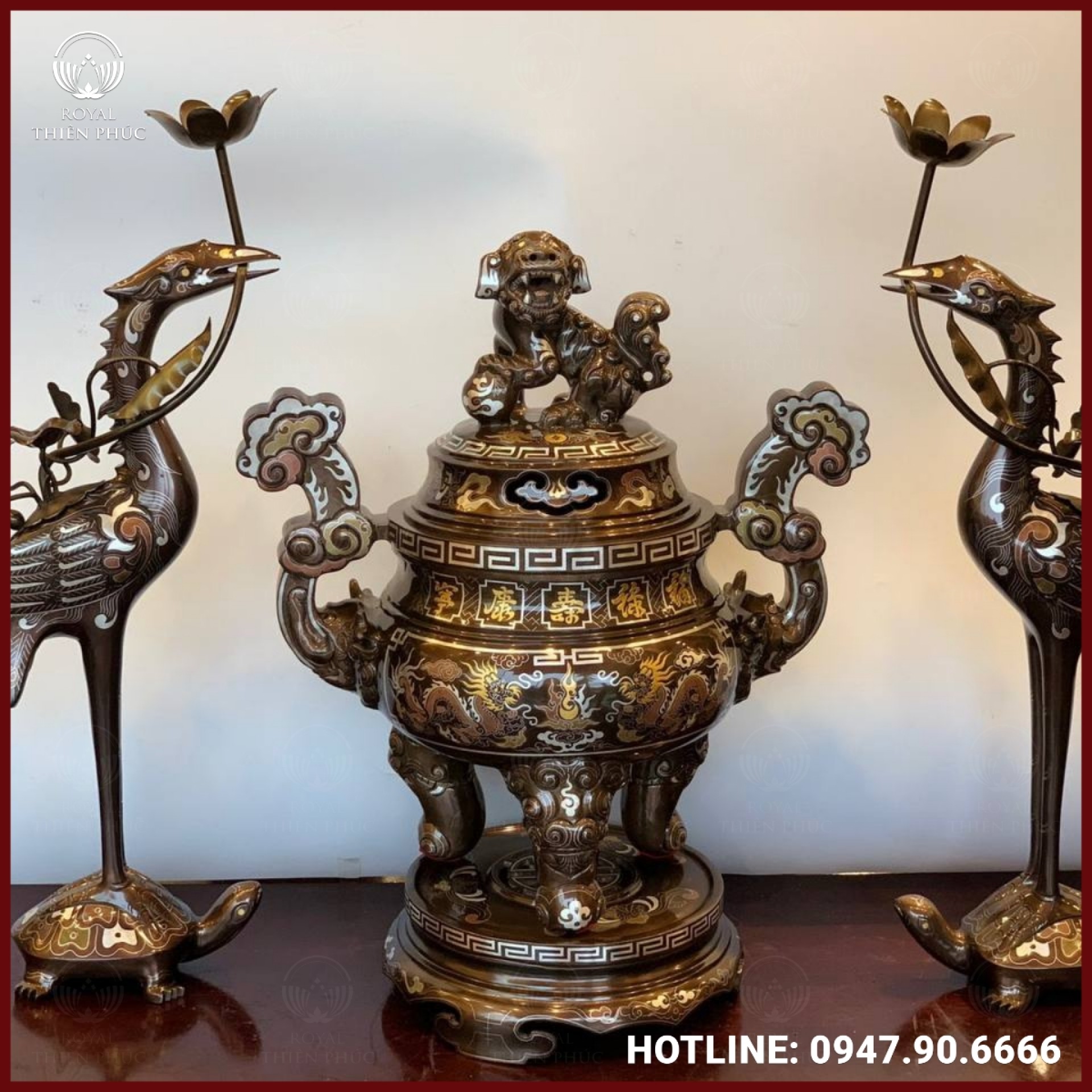 Bộ tam sự hạc đỉnh thờ cúng song long đồng đỏ khảm ngũ sắc