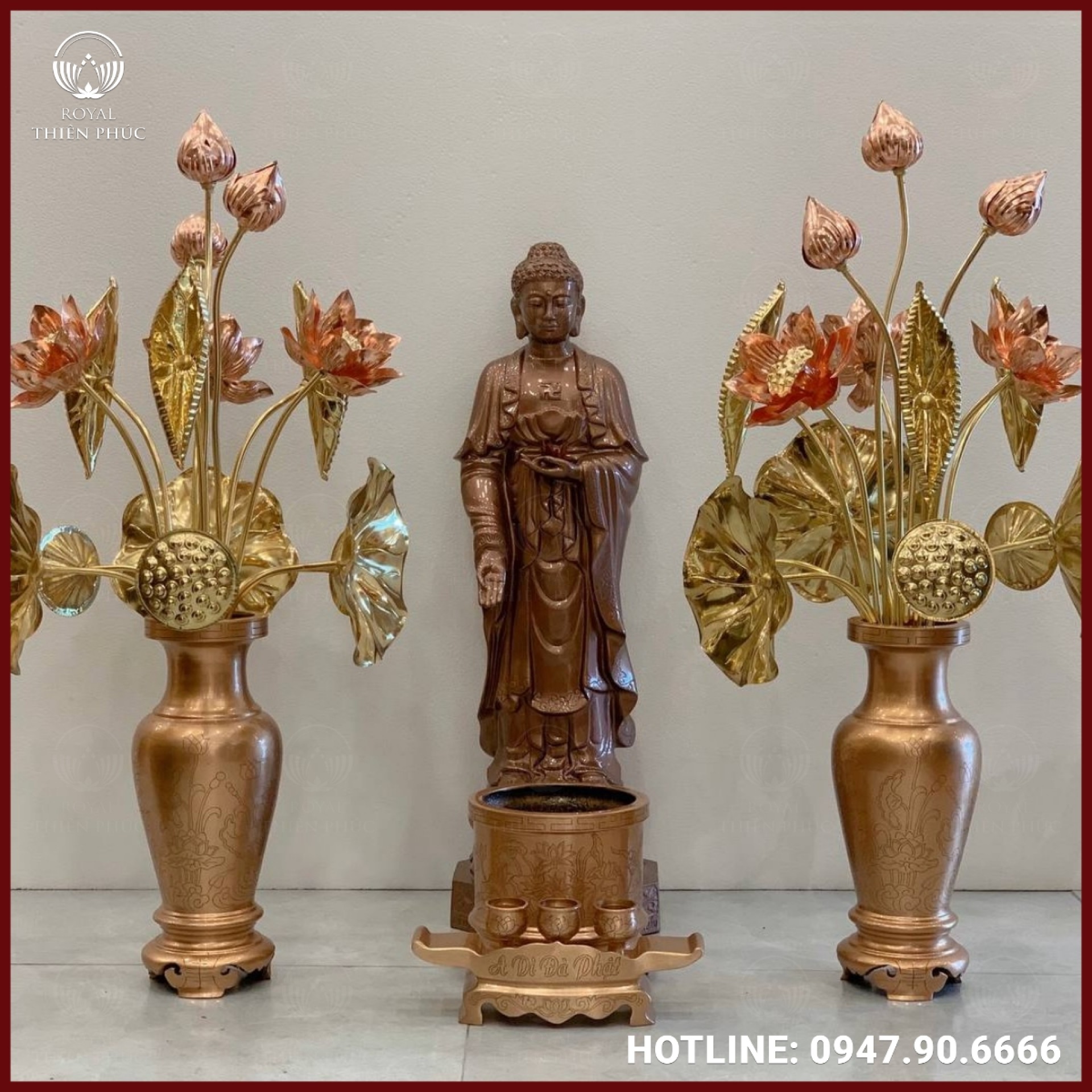 Tượng Phật A Di Đà đứng bằng đồng đỏ cao 60cm
