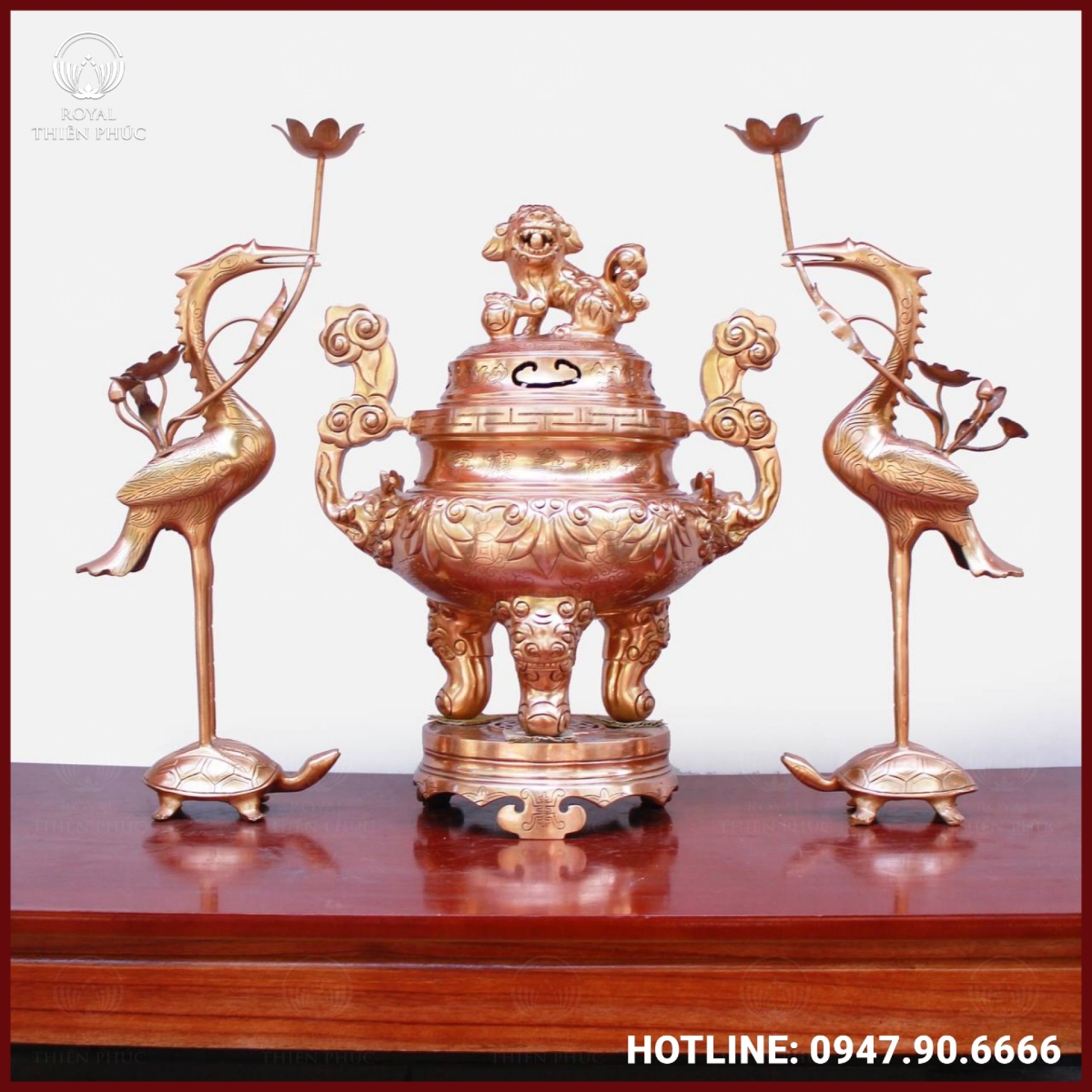 Bộ tam sự hạc thờ cúng bằng đồng đỏ 