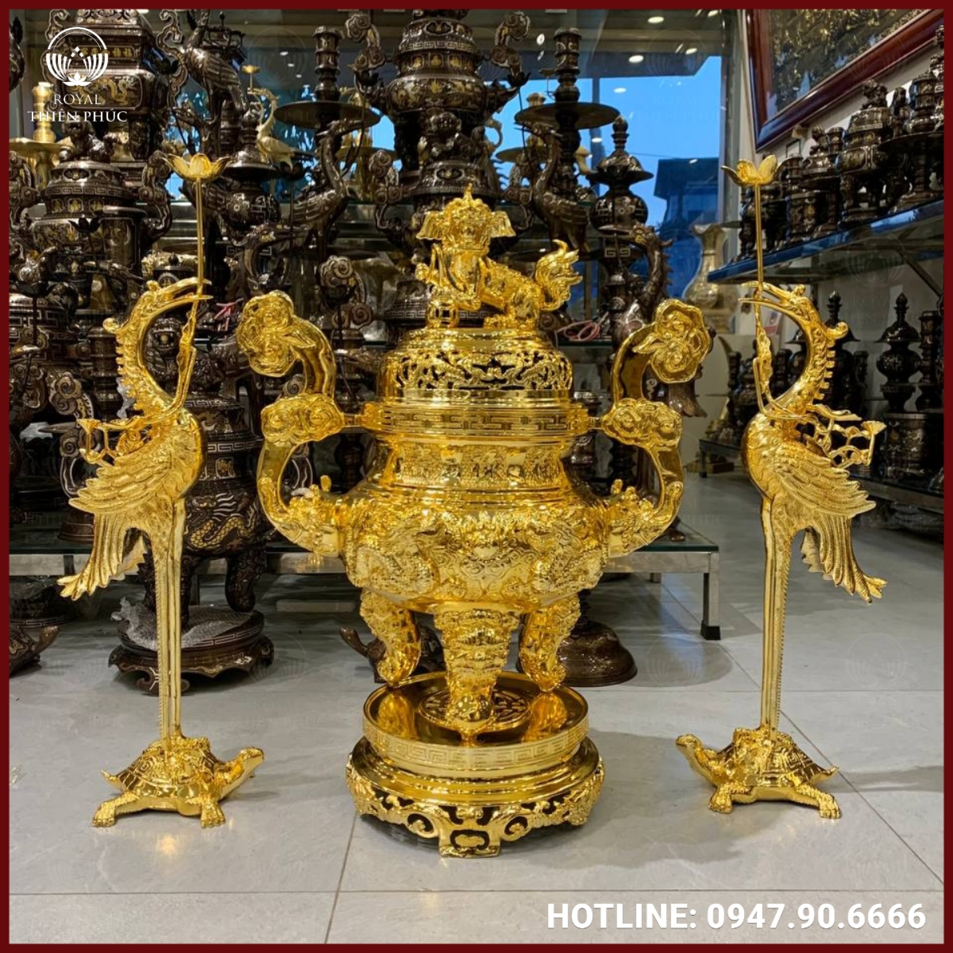 Bộ tam sự song long chầu nguyệt bằng đồng mạ vàng