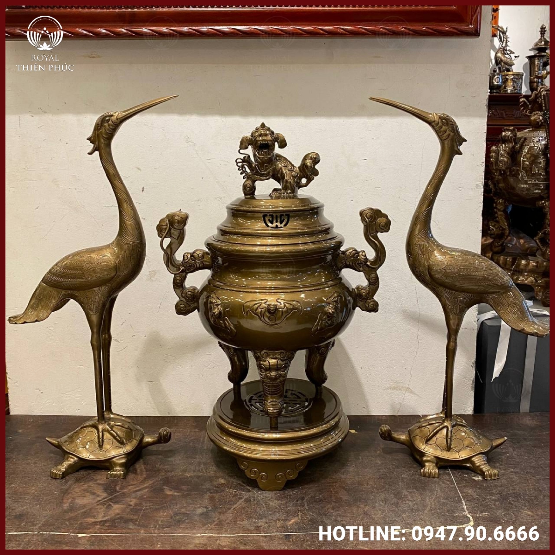 Bộ tam sự hạc chạm dơi đồng đỏ làm màu nâu cổ kính