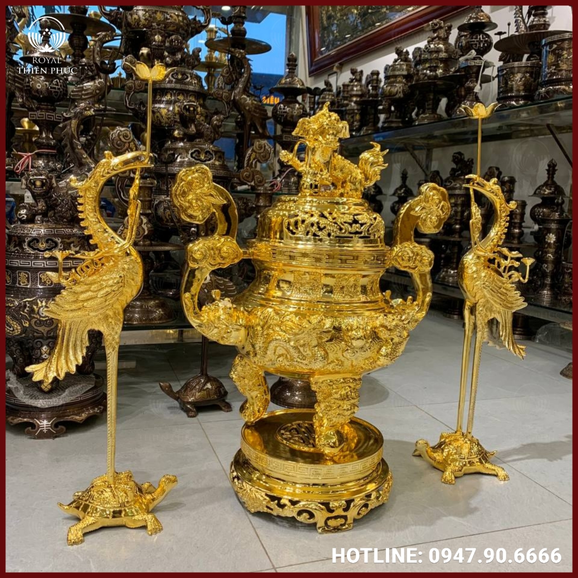 Bộ tam sự song long chầu nguyệt bằng đồng mạ vàng