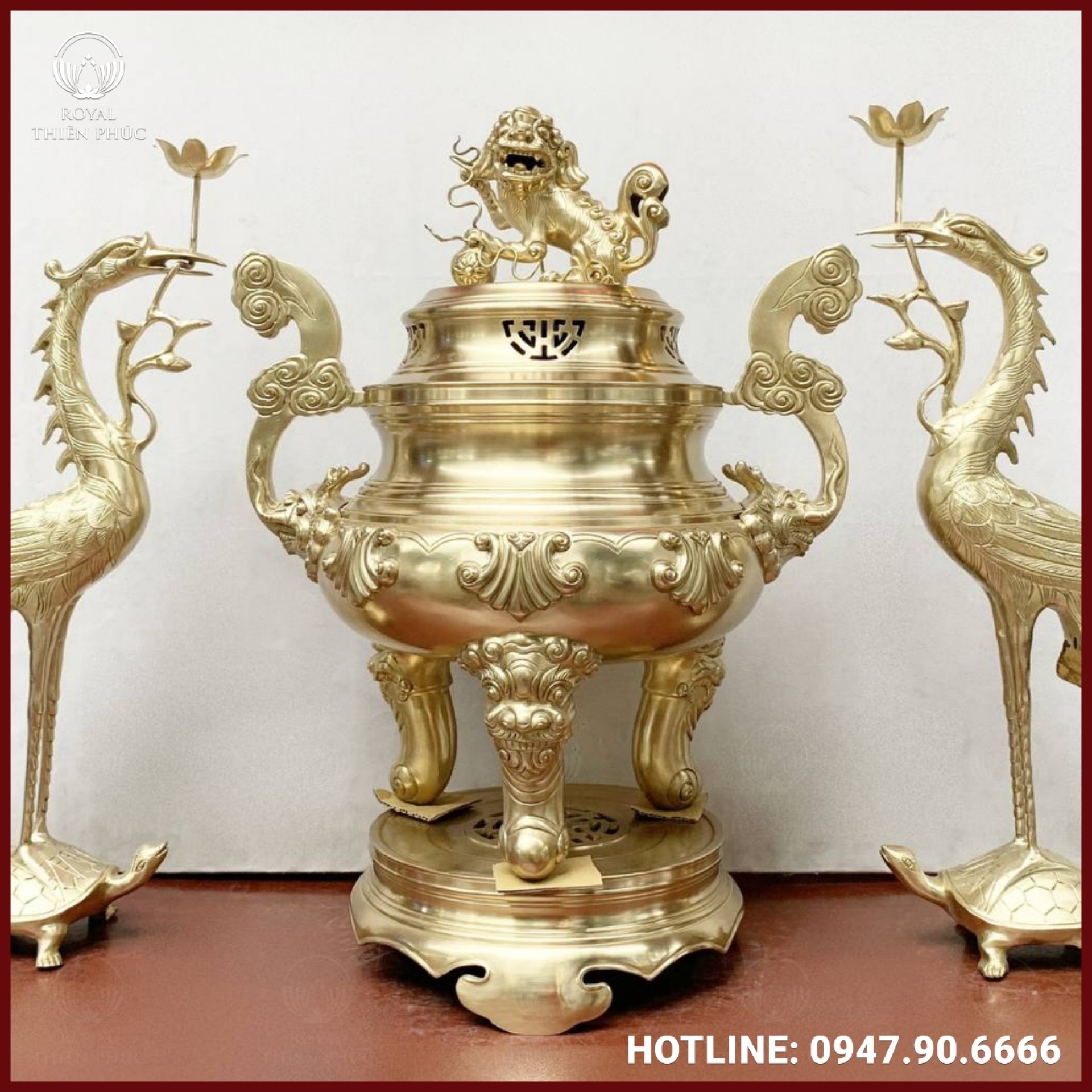 Bộ tam sự hạc đỉnh chạm sòi đồng catut 
