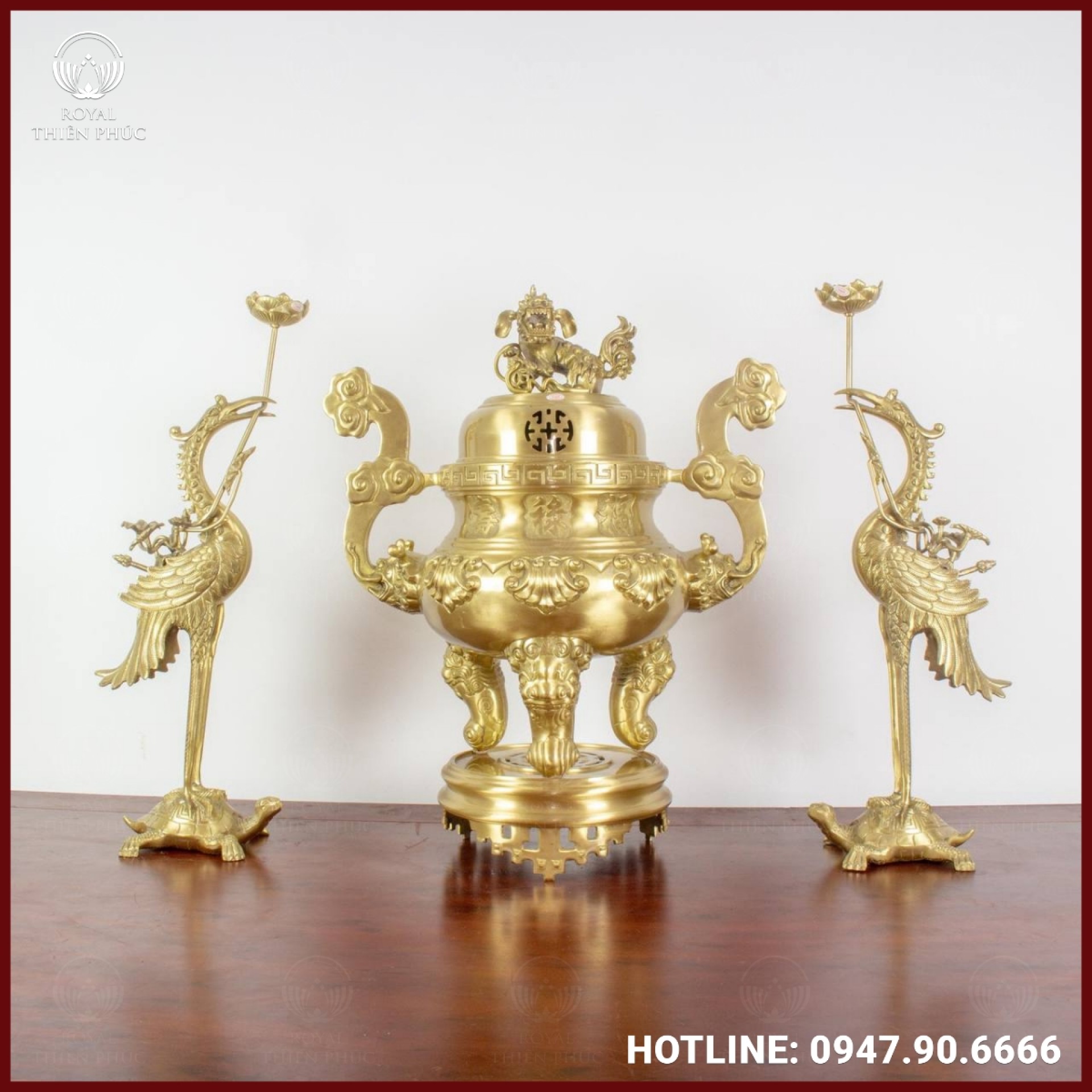 Bộ tam sự hạc chạm sòi bằng đồng vàng mộc