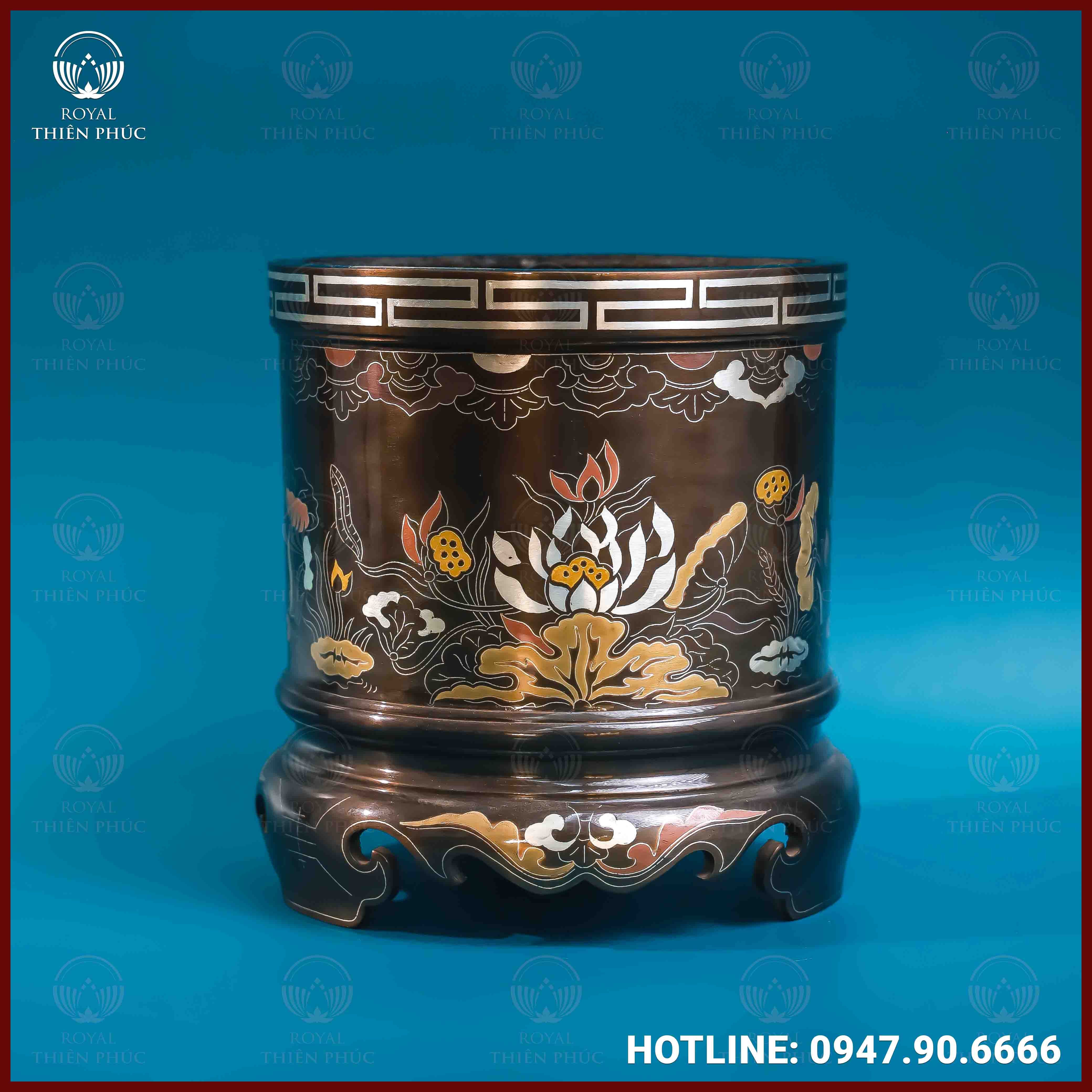 Bát hương hoa sen đồng khảm ngũ sắc 18cm