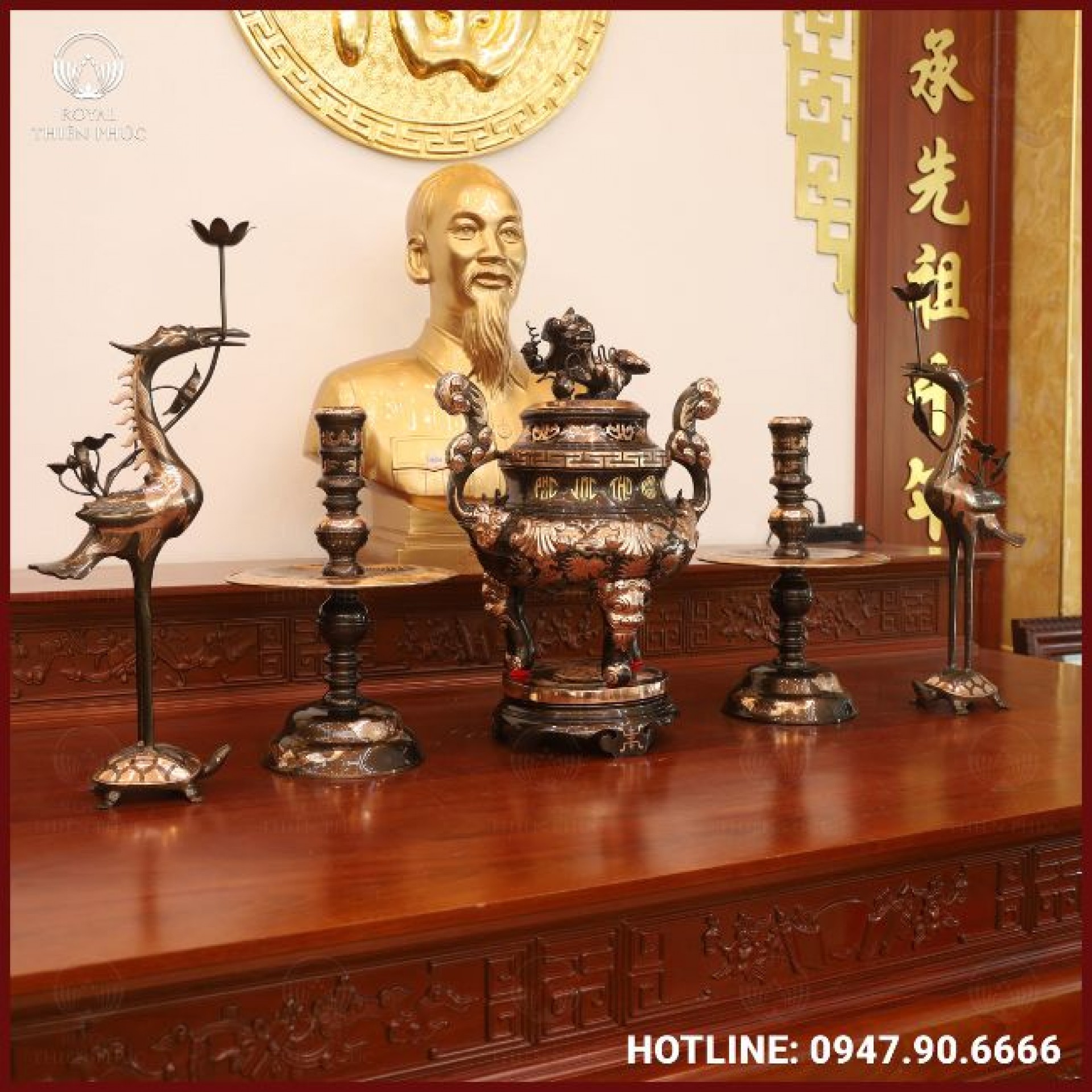 Bộ ngũ sự đồng đỏ cạo màu cao 60cm