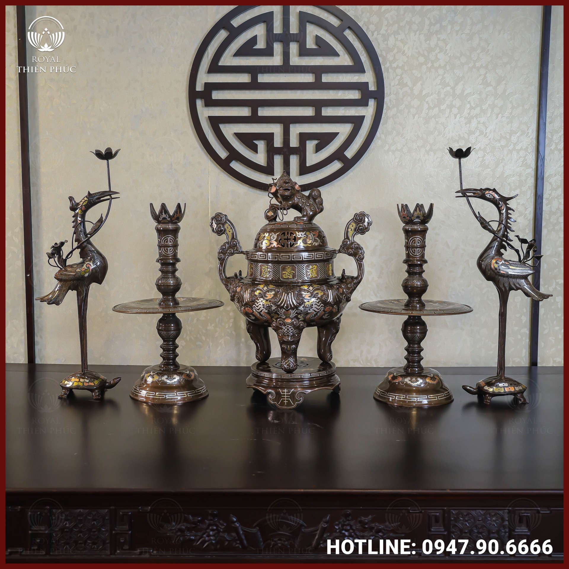 Bộ ngũ sự đồng đỏ khảm tam khí kỹ chạm sòi cao 60cm
