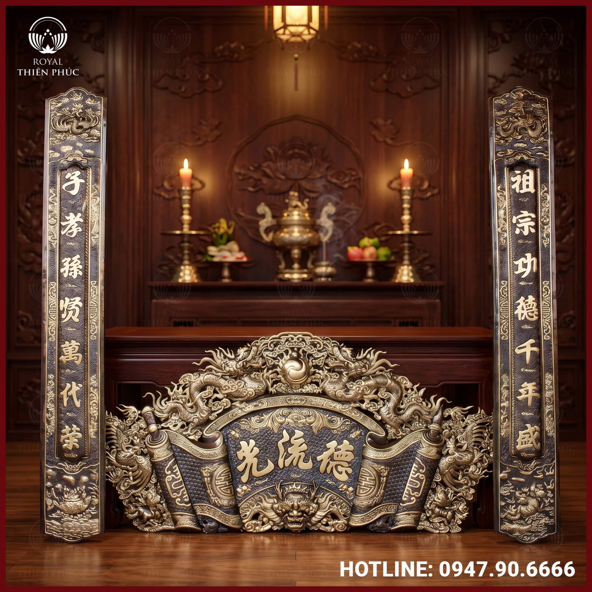 Bộ cuốn thư câu đối đồng vàng sơn màu giả cổ