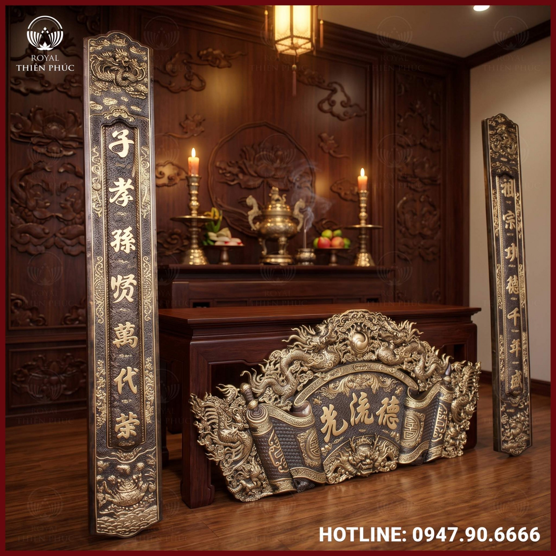 Bộ cuốn thư câu đối đồng vàng sơn màu giả cổ