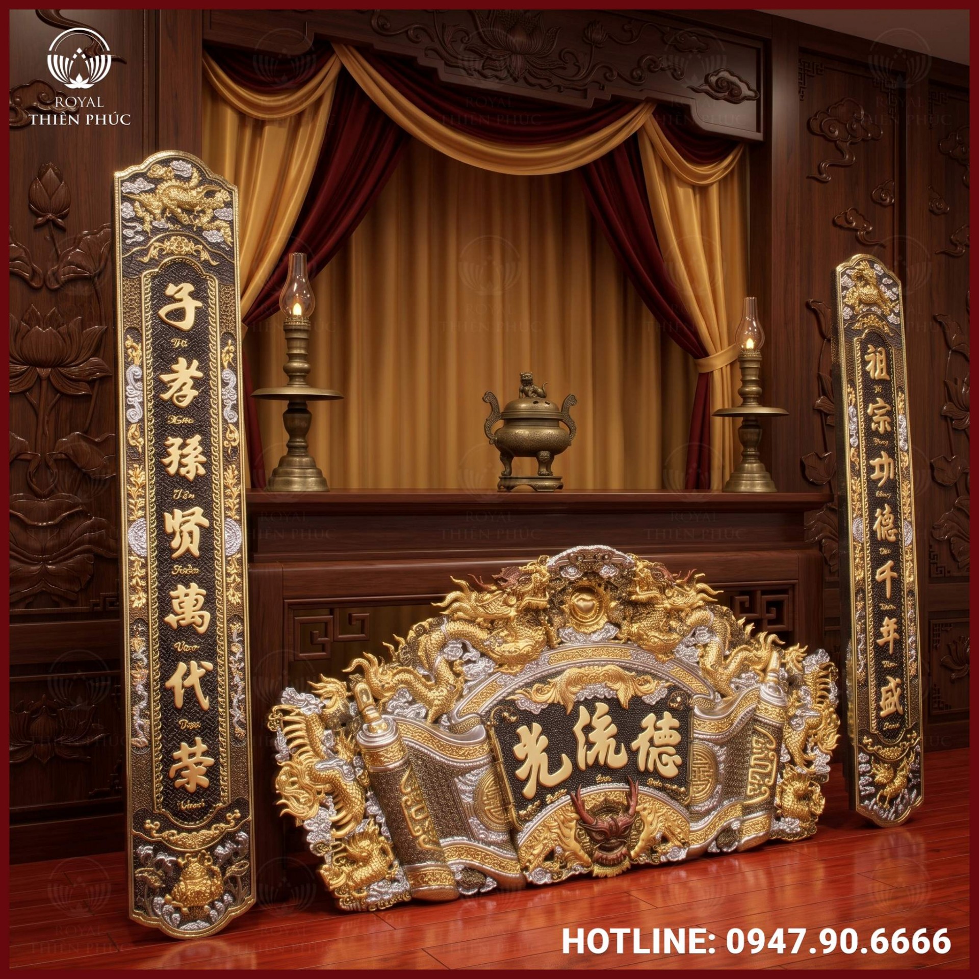 Cuốn thư câu đối bằng đồng khảm tam khí đẹp cổ kính