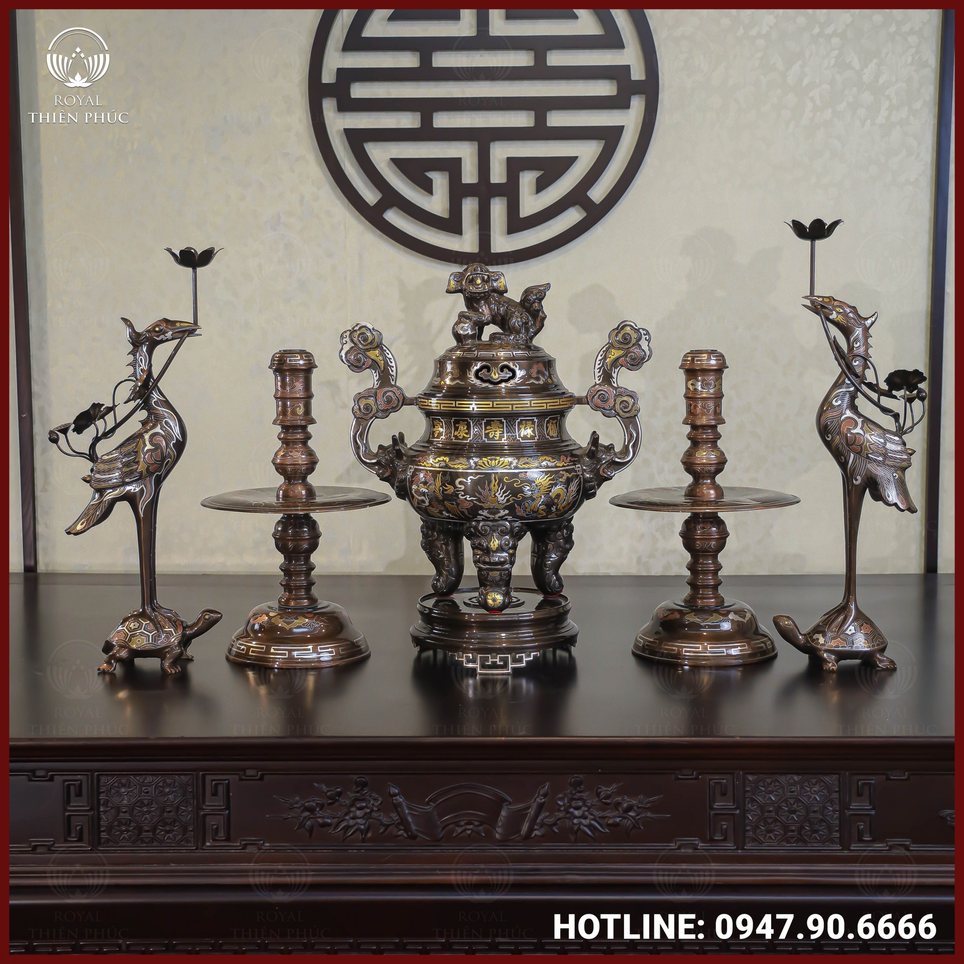 Bộ ngũ sự đồng đỏ khảm ngũ sắc song long chầu nguyệt cao 50cm 