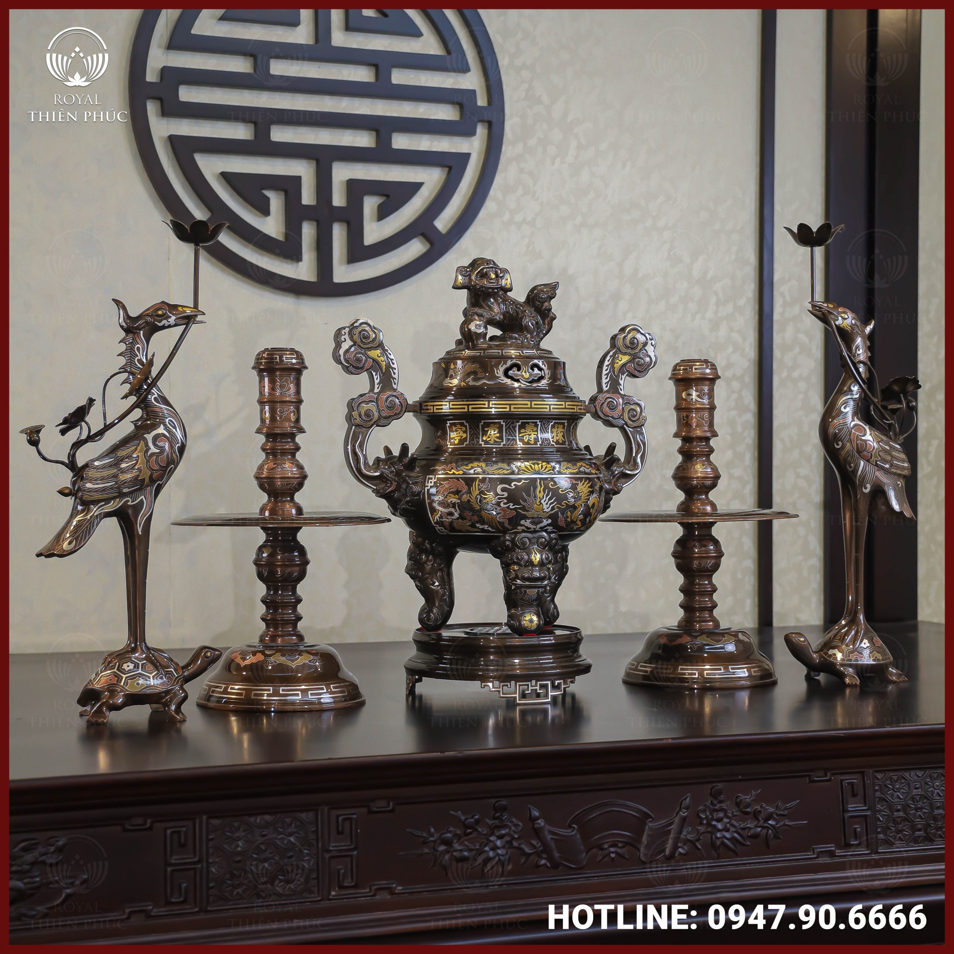 Bộ ngũ sự đồng đỏ khảm ngũ sắc song long chầu nguyệt cao 50cm 